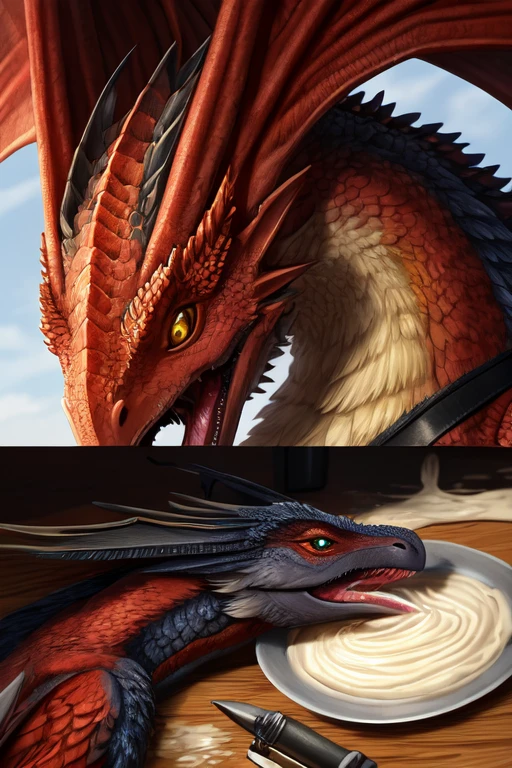 Colorful , feathered three wyvern body lying down on the table. Wings spread out and Strapped to the table with leather straps. Mouth wide open wide faceing camera with no teeth and fangs and tooth with milk inside mouth. Milk dripping out of mouth splattering onto the table. Milk inside the wyvern’s mouth. Close up , Photorealistic.all three Head tied down to the table. Leather  on head. The wyverns  is in a bowing position pointed tord camera. Front claw on wings. The wyverns also has a cute face with its throat clearly visible and milk everywhere. Close up head shot photorealistic shot. Defined jaw line.