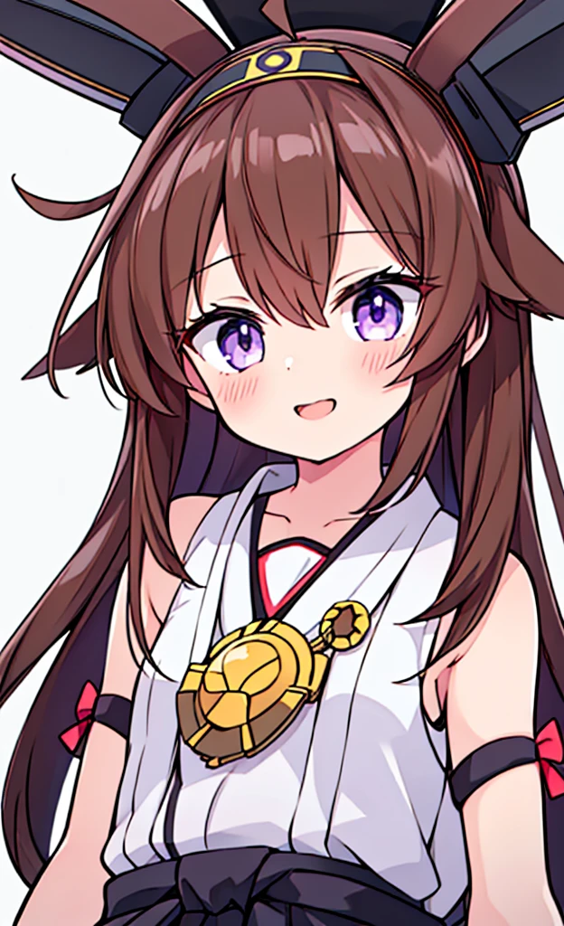 masterpiece,Highest quality,1 Girl,alone,blush with embarrassment,Pokémon-like art style,(bold:1.6),(flat:1.5), King Kong, (Kantai Collection),(Portraiture:1.2), BROWN_HAIR, LONG_HAIR, AHOGE, hairband, HAIR_good, DOUBLE_good, headgear, SMILE, NONTRADITIONAL_miko, PURPLE_eyes, OPEN_MOUTH