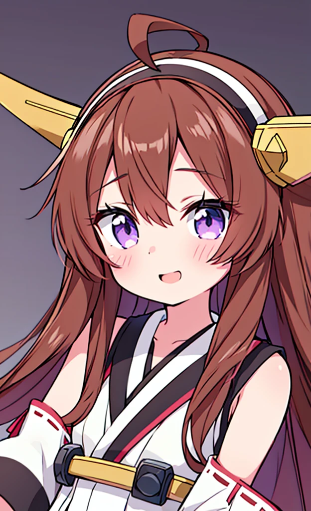 masterpiece,Highest quality,1 Girl,alone,blush with embarrassment,Pokémon-like art style,(bold:1.6),(flat:1.5), King Kong, (Kantai Collection),(Portraiture:1.2), BROWN_HAIR, LONG_HAIR, AHOGE, hairband, HAIR_good, DOUBLE_good, headgear, SMILE, NONTRADITIONAL_miko, PURPLE_eyes, OPEN_MOUTH