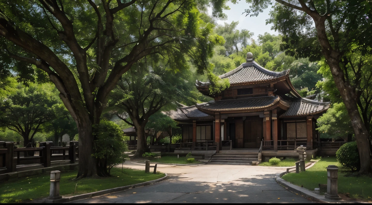 Ancient Chinese 拱itecture,Tree-lined，The lush trees form a natural sunshade。The sun is blazing，But it is cool under the shade of the trees。Occasionally there is a breeze，The leaves sway in the wind，Make a rustling sound，Bring a touch of coolness to the hot summer, Epic Composition, High-resolution details, masterpiece, best quality, (Very detailed CG Unity 8k wallpaper) 