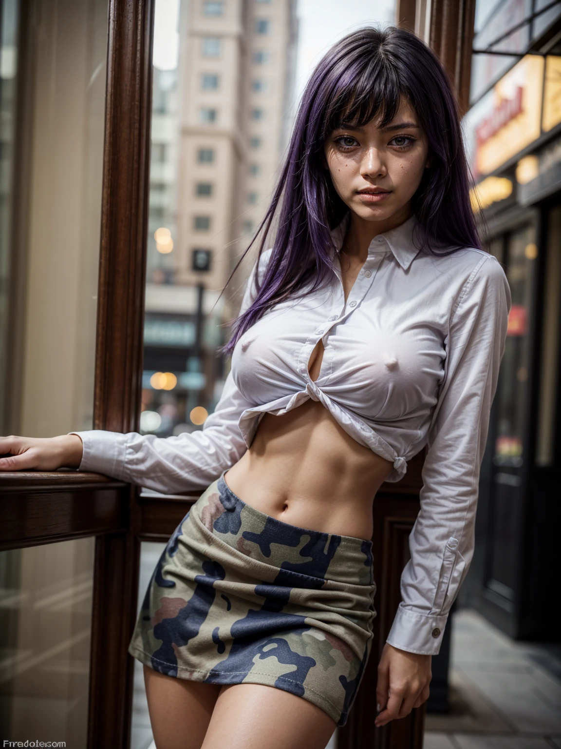 (1 lady), (Best quality at best:1.4), (ultra - detailed), (extremely detailed CG unified 16k), A Beautiful Woman with Perfect Figure: 1.4, Sharp Focus: 1.2, very detailed, High-definition RAW color photo, professional photoshooting, amazing face and eyes, cosmetics, (amazingly beautiful girl), ((frederica bernkastel)), ((white shirt, blueish camo pattern skirt, visible abdomen)), standing, sexyposture,(Stylish urban landscape, day light), (look from down), realistic cinematic face, head to feet long wide zoomed out view, full body long view, photorealistic, ((realistic natural purple hair style, purple eyes, long hair)), gorgeous, extremely beautiful face, perfect model beauty, pout mouth, Highly Detailed Face and Skin Texture, Detailed Eyes, Double Eyelids, Medium Sized Natural Breasts, Smile, cleavages, western, (masterpiece), best quality, high resolution, extremely detailed, blurred background, depth of field, cinematic lighting, amazing legs, high heels, clear and well-cared skin, big ass, round ass, athletic, big proportions body and correlation with head size, looking at viewer, front view