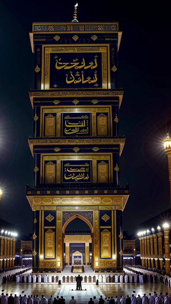 A photo showing a moment of deep reverence for the Kaaba, a Muslim standing solemnly and solemnly in front of it, amidst a silent crowd around him. very real, high resolution, 8k resolution, intricate details