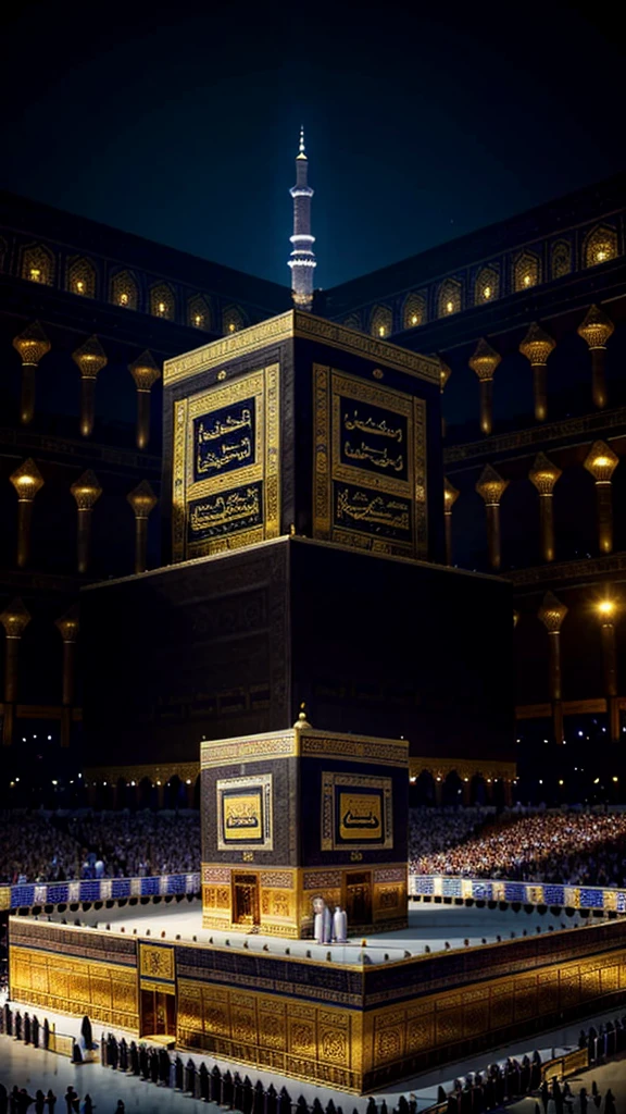 A photo showing a moment of deep reverence for the Kaaba, a Muslim standing solemnly and solemnly in front of it, amidst a silent crowd around him. very real, high resolution, 8k resolution, intricate details