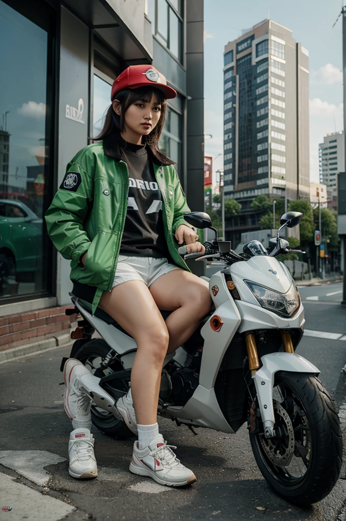 The 3D Gojek Driver character wears a green jacket with realistic 3D white Gojek written on it, uses a black Honda Beat motorbike, is waiting for the Order, sitting on a motorbike wearing a red hat, Realistic 3D Marlboro smoking, next to the 3D Tall Building, with a two-way street, Beside realistic 3D Tall Buildings,there is the Wagimin Coffee Shop, Selling Realistic 3D Marlboro Cigarettes, 3D HD, Super realistic characters