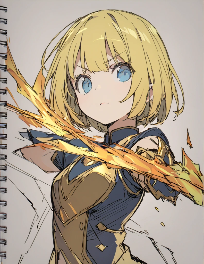 A girl fighting with golden flames(Sketches), (Open Close), (Small body), (Blonde:1.5) (Short Bob Hair:1.4), (Blue eyes)輝く