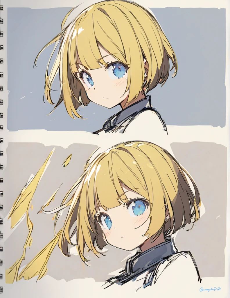 A girl fighting with golden flames(Sketches), (Open Close), (Small body), (Blonde:1.5) (Short Bob Hair:1.4), (Blue eyes)輝く