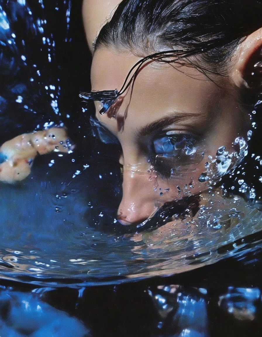 macro photography from above of  fashion model's blue eyes poke out of the water at night,