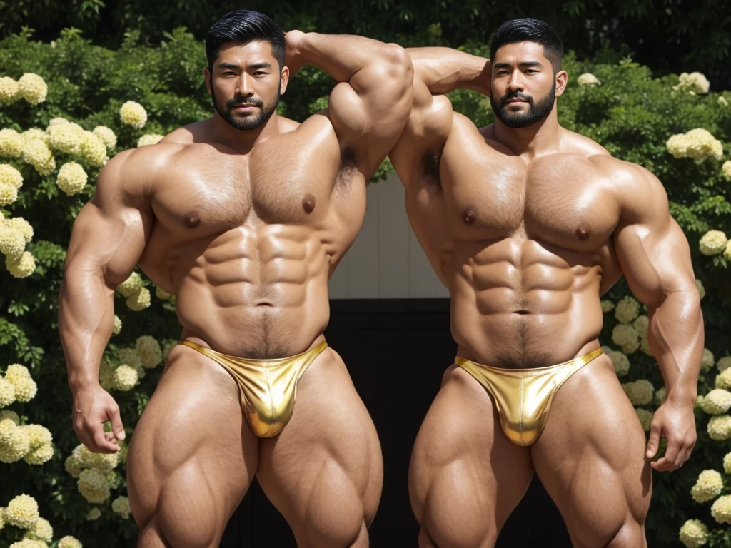 There is only one handsome Asian actor in the picture，30 years old，Tall and handsome, Toned body，short hair, O-Shaped Beard，Perfect body, Dark skin，Glowing skin，Smooth skin，The body is hairless，Muscle bulge, Muscular, Very large pectoral muscles，Very sexy abdominal muscles，Very well-developed leg muscles，Huge concave and convex area，Brightens oily skin，Wearing a gold leather shiny thong，Handsome face， Correct and accurate male body proportions, Stand among the flowers。
