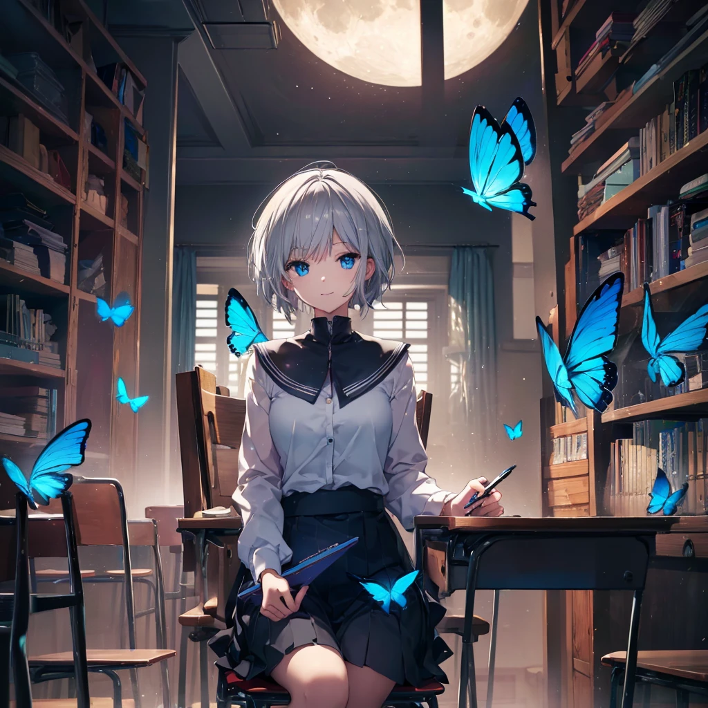 (((1 person　Gray Hair　Holding a pen　classroom　Chair　sit)))　((High resolution　short hair　tie　Black Skirt　Rin々Funny face　))　((student　blue eyes　Close-up))　((Blue Butterfly　night　学校のclassroom　Shining Aura　sit　Catch the wind　Looking at the moon outside))　(smile　Bathed in light)　月night　moonlight　star　Shuriken　Shining Background　Shining Edge