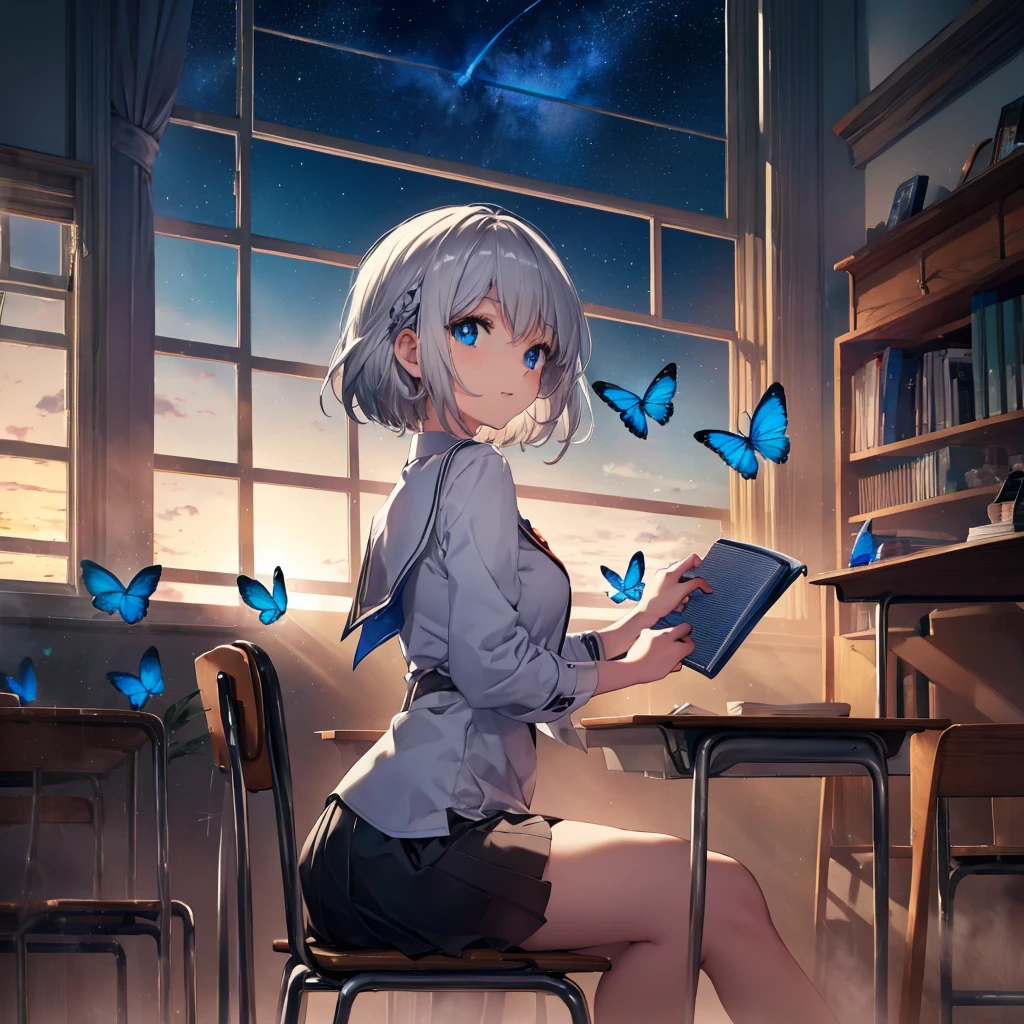 (((1 person　Gray Hair　Holding a pen　classroom　Chair　sit)))　((High resolution　short hair　tie　Black Skirt　Rin々Funny face　))　((student　blue eyes　Close-up))　((Blue Butterfly　night　学校のclassroom　Shining Aura　sit　Catch the wind　Looking at the moon outside))　(smile　Bathed in light)　月night　moonlight　star　Shuriken　Shining Background　Shining Edge
