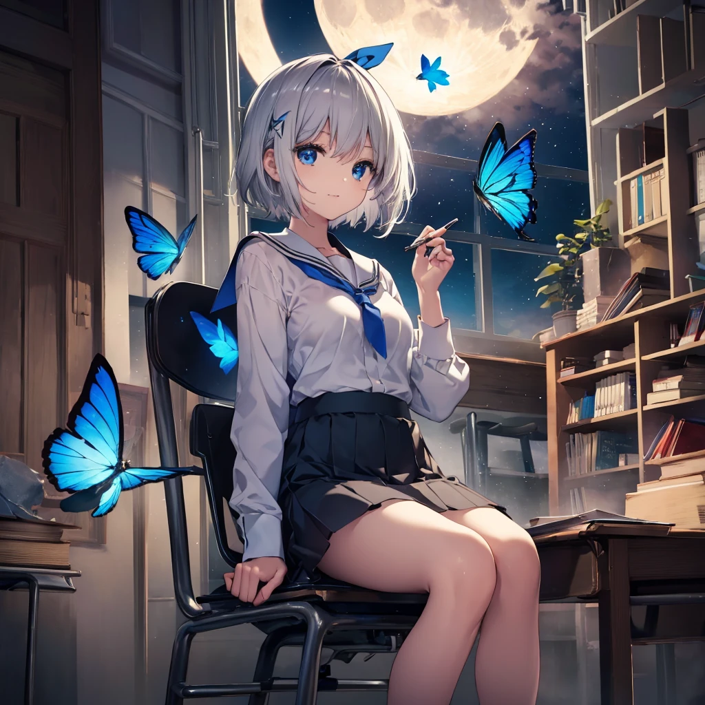 (((1 person　Gray Hair　Holding a pen　classroom　Chair　sit)))　((High resolution　short hair　tie　Black Skirt　Rin々Funny face　))　((student　blue eyes　Close-up))　((Blue Butterfly　night　学校のclassroom　Shining Aura　sit　Catch the wind　Looking at the moon outside))　(smile　Bathed in light)　月night　moonlight　star　Shuriken　Shining Background　Shining Edge