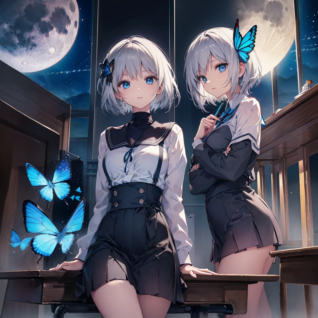 (((1 person Gray Hair Holding a pen classroom Chair sit))) ((High resolution short hair tie Black Skirt Rin々Funny face )) ((student blue eyes Close-up)) ((Blue Butterfly night 学校のclassroom Shining Aura sit Catch the wind Looking at the moon outside)) (smile Bathed in light) 月night moonlight star Shuriken Shining Background Shining Edge