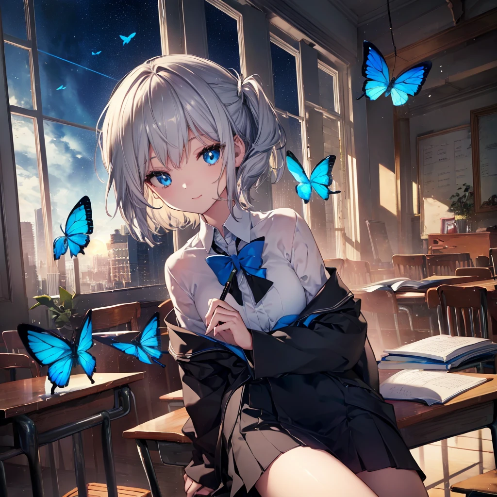 (((1 person Gray Hair Holding a pen classroom Chair sit))) ((High resolution short hair tie Black Skirt Rin々Funny face )) ((student blue eyes Close-up)) ((Blue Butterfly night 学校のclassroom Shining Aura sit Catch the wind Looking at the moon outside)) (smile Bathed in light) 月night moonlight star Shuriken Shining Background Shining Edge
