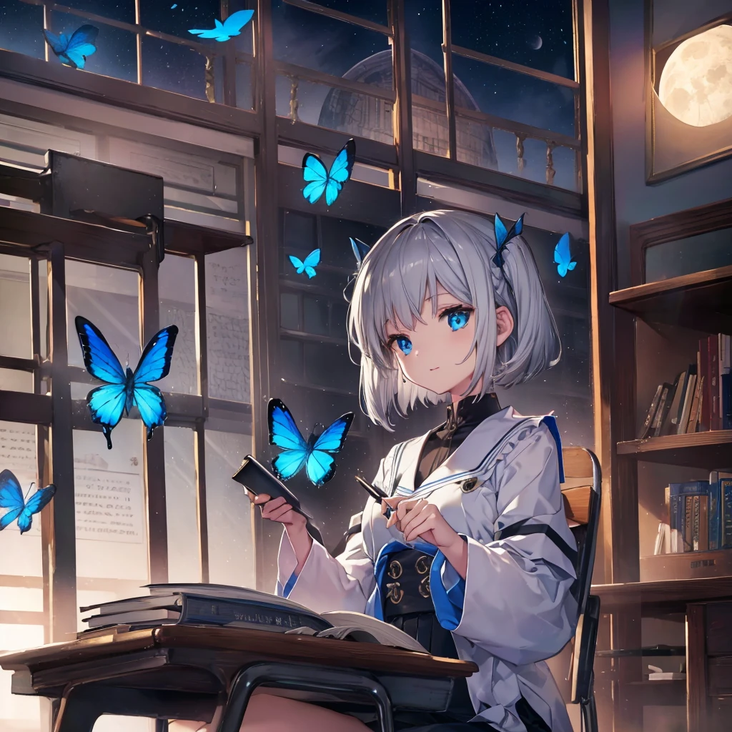 (((1 person　Gray Hair　Holding a pen　classroom　Chair　sit)))　((High resolution　short hair　tie　Black Skirt　Rin々Funny face　))　((student　blue eyes　Close-up))　((Blue Butterfly　night　学校のclassroom　Shining Aura　sit　Catch the wind　Looking at the moon outside))　(smile　Bathed in light)　月night　moonlight　star　Shuriken　Shining Background　Shining Edge