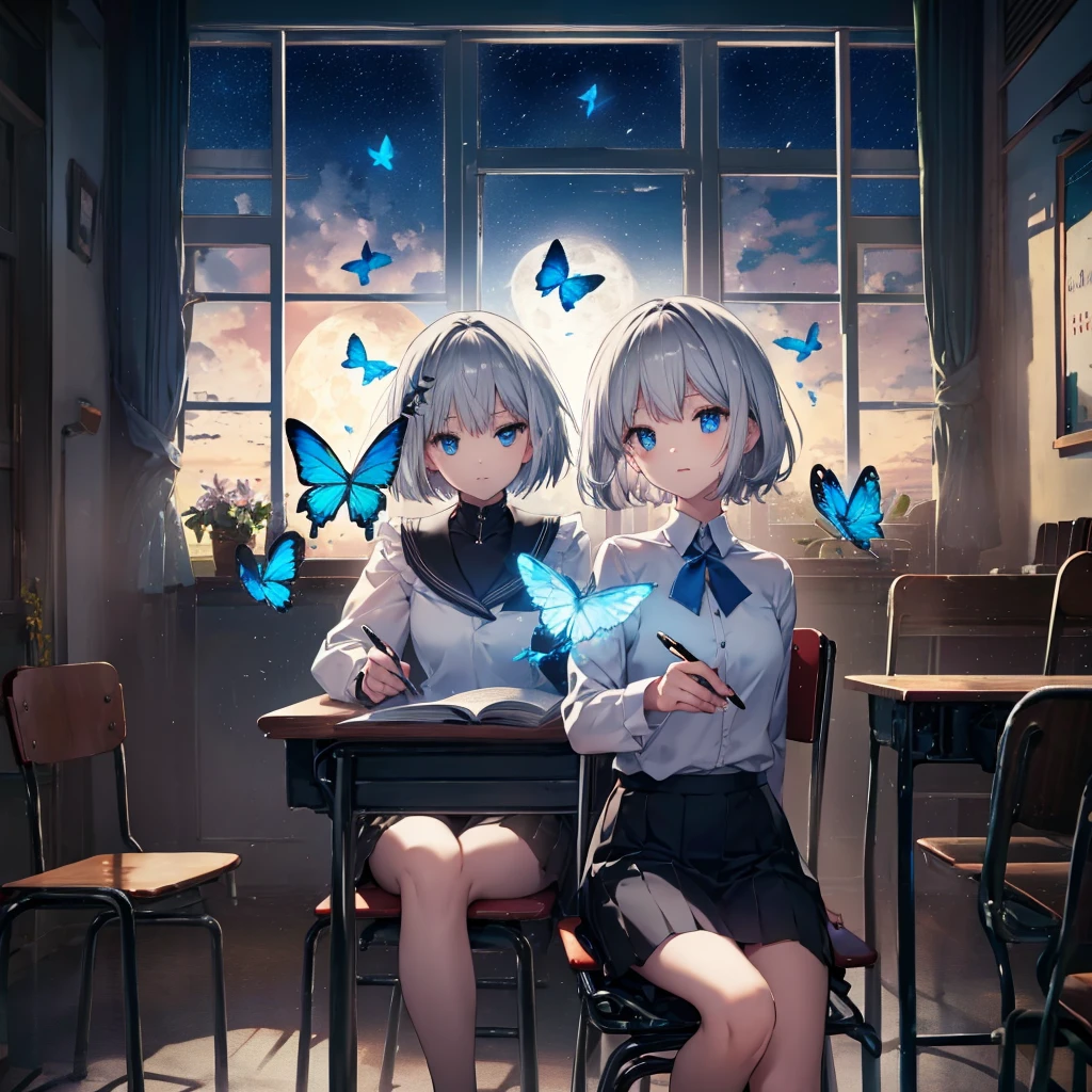 (((1 person Gray Hair Holding a pen classroom Chair sit))) ((High resolution short hair tie Black Skirt Rin々Funny face )) ((student blue eyes Close-up)) ((Blue Butterfly night 学校のclassroom Shining Aura sit Catch the wind Looking at the moon outside)) (smile Bathed in light) 月night moonlight star Shuriken Shining Background Shining Edge