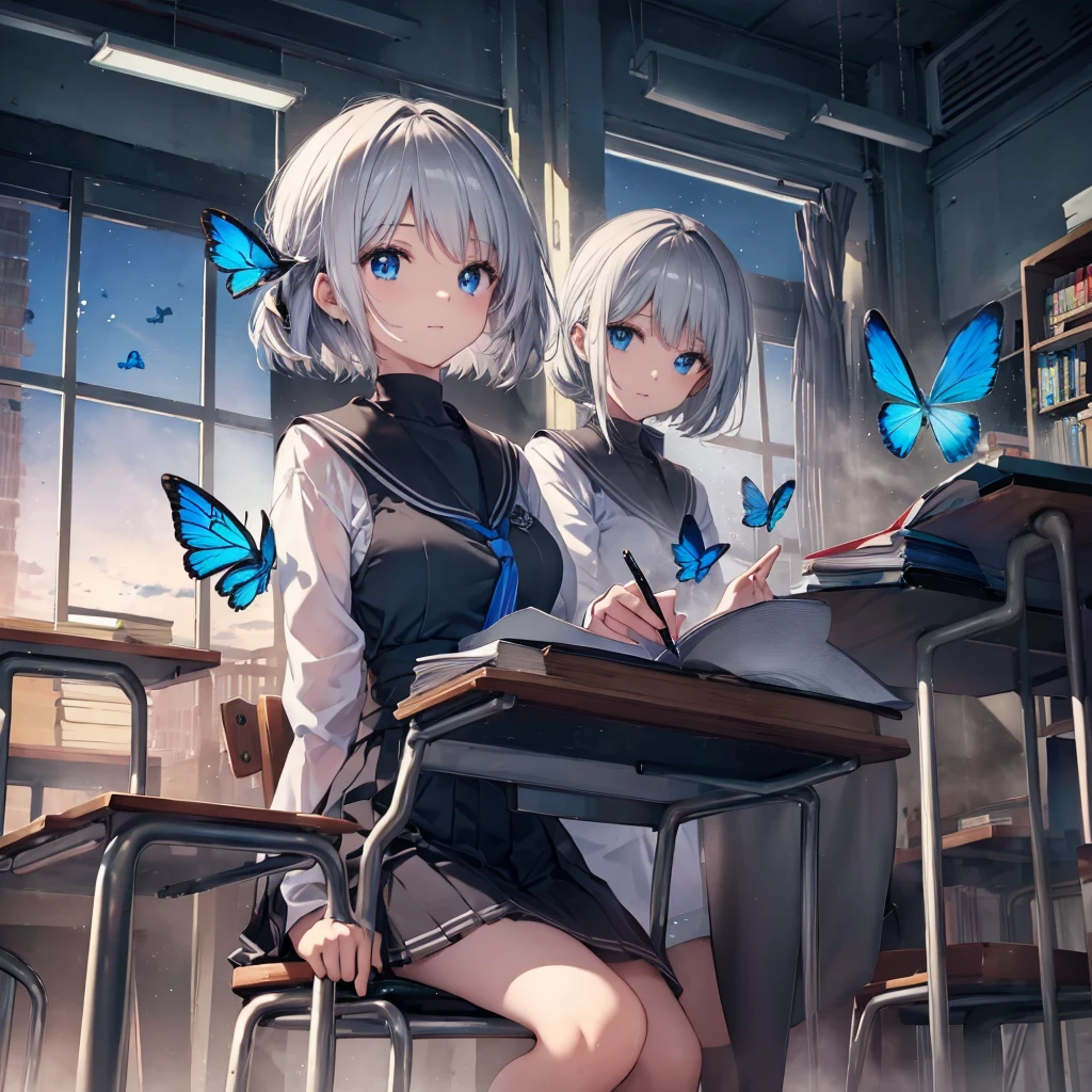 (((1 person　Gray Hair　Holding a pen　classroom　Chair　sit)))　((High resolution　short hair　tie　Black Skirt　Rin々Funny face　))　((student　blue eyes　Close-up))　((Blue Butterfly　night　学校のclassroom　Shining Aura　sit　Catch the wind　Looking at the moon outside))　(smile　Bathed in light)　月night　moonlight　star　Shuriken　Shining Background　Shining Edge