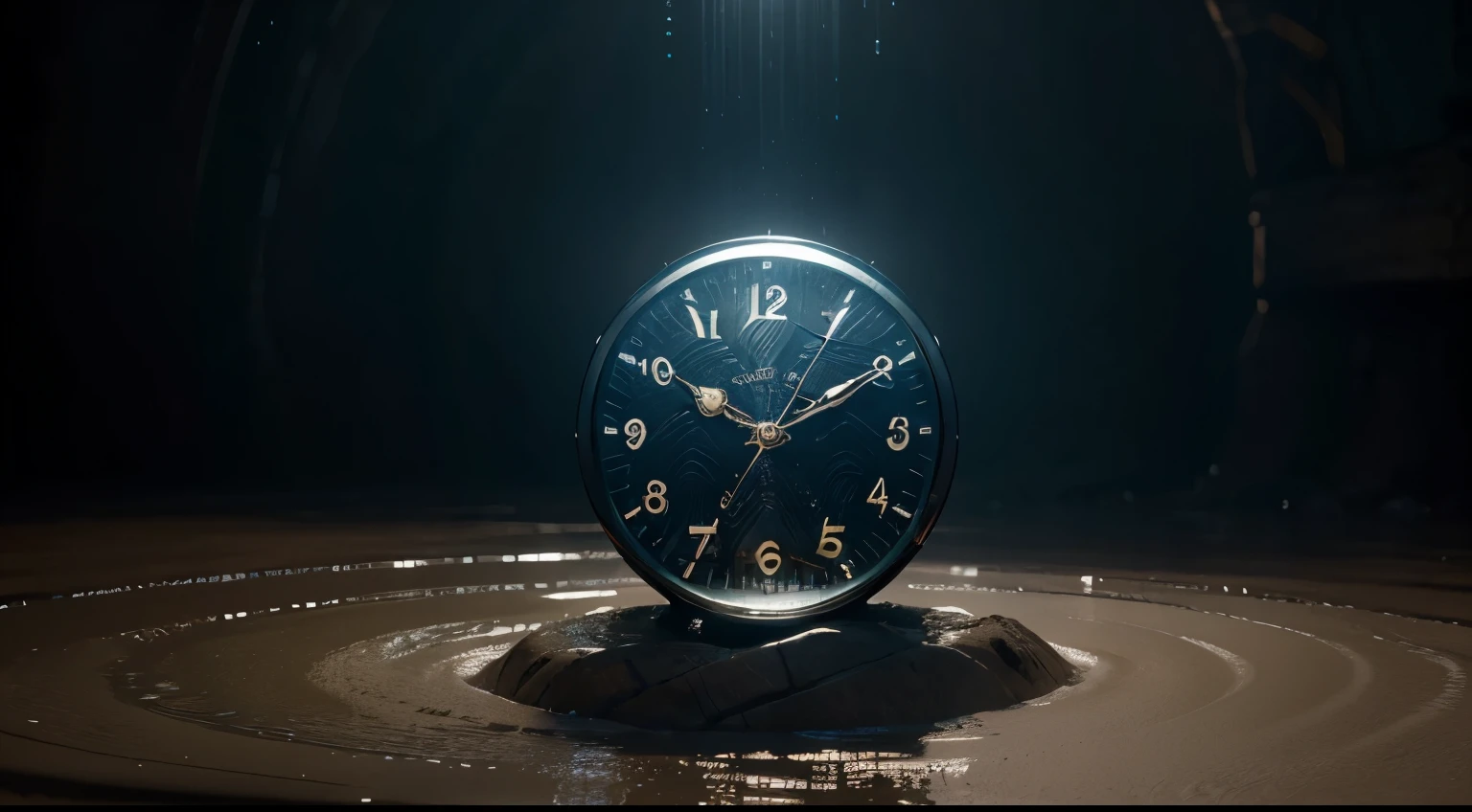 The background shows flowing water drops or quicksand clock，Their dynamic changes form a background pattern，Symbolizes the passage of time, High-resolution details, masterpiece, best quality, (Very detailed CG Unity 8k wallpaper) - At 6 o'clock