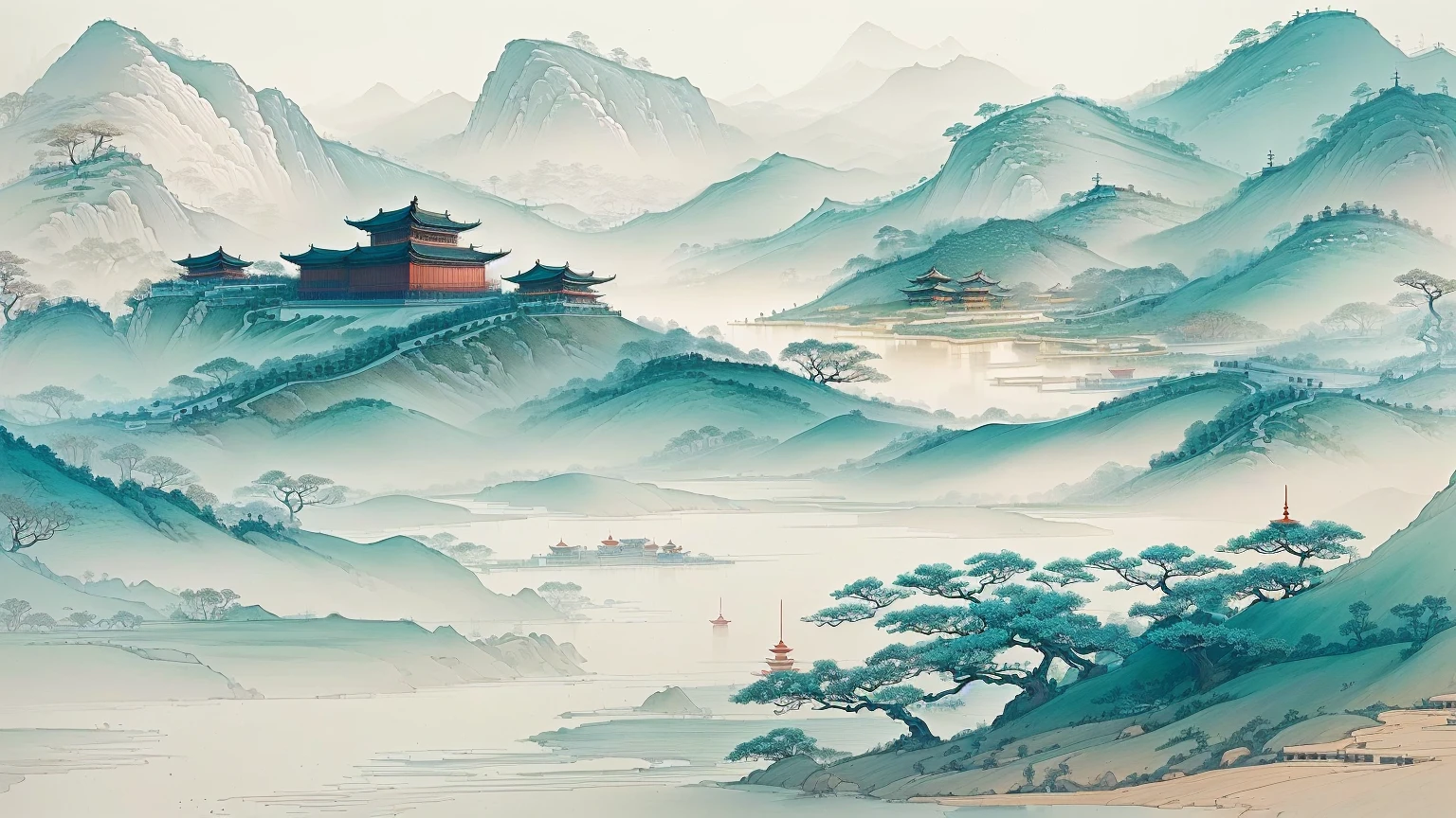 A landscape painting，The painting shows a pagoda and a river, Chinese style景, Chinese style, Inspired by Ma Yuan, 中traditional Chinese painting风格, Chinese watercolor style, Oriental Wallpaper, traditional Chinese painting, Traditional Chinese Art, author：Qiu Ying, Traditional Chinese watercolor, author：Song Xu, author：Xu Xi, In line with Chinese aesthetics, author Yun Du-seo