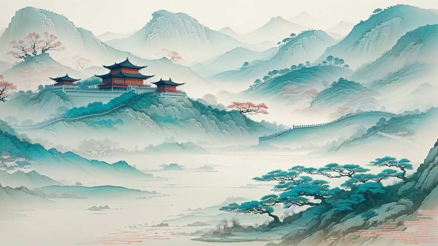A landscape painting,The painting shows a pagoda and a river, Chinese style景, Chinese style, Inspired by Ma Yuan, 中traditional Chinese painting风格, Chinese watercolor style, Oriental Wallpaper, traditional Chinese painting, Traditional Chinese Art, author:Qiu Ying, Traditional Chinese watercolor, author:Song Xu, author:Xu Xi, In line with Chinese aesthetics, author Yun Du-seo