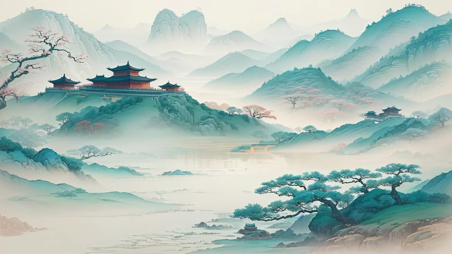 A landscape painting,The painting shows a pagoda and a river, Chinese style景, Chinese style, Inspired by Ma Yuan, 中traditional Chinese painting风格, Chinese watercolor style, Oriental Wallpaper, traditional Chinese painting, Traditional Chinese Art, author:Qiu Ying, Traditional Chinese watercolor, author:Song Xu, author:Xu Xi, In line with Chinese aesthetics, author Yun Du-seo
