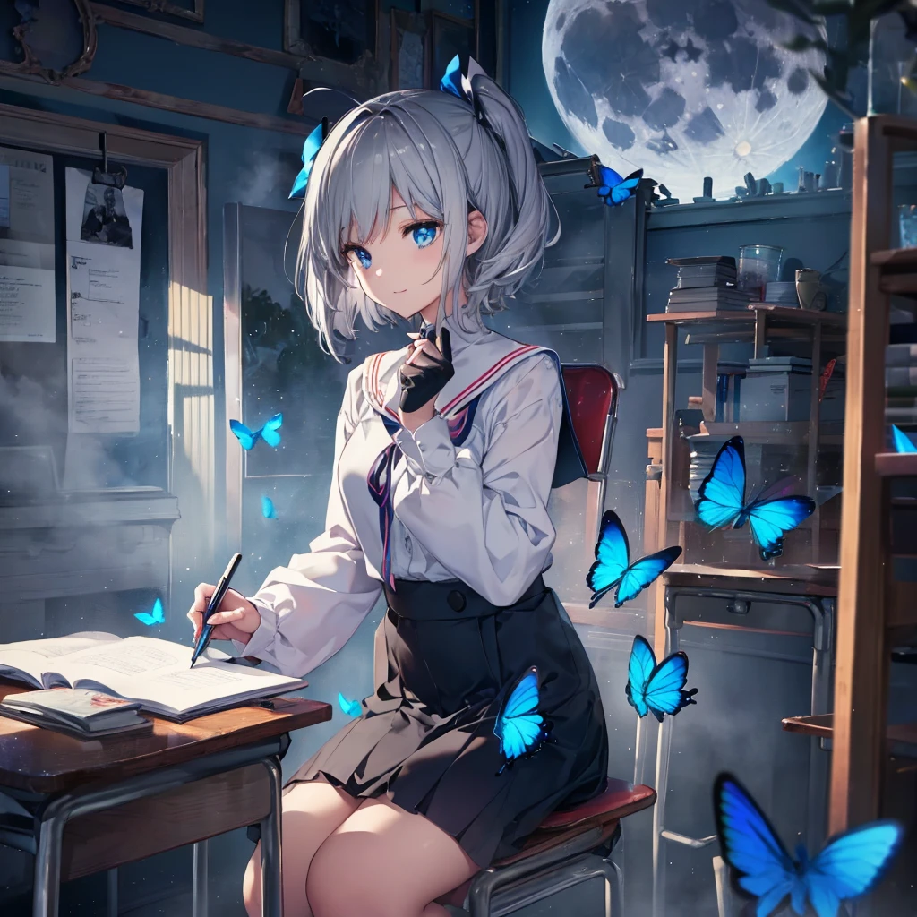 (((1 person Gray Hair Holding a pen classroom Chair sit))) ((High resolution short hair tie Black Skirt Rin々Funny face )) ((student blue eyes Close-up)) ((Blue Butterfly night 学校のclassroom Shining Aura sit Catch the wind Looking at the moon outside)) (smile Bathed in light) 月night moonlight star Shuriken Shining Background Shining Edge