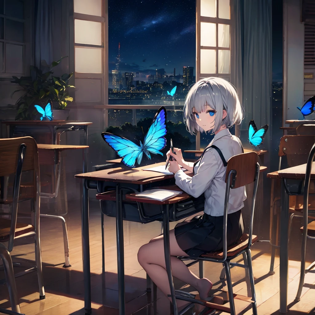 (((1 person　Gray Hair　Holding a pen　classroom　Chair　sit)))　((High resolution　short hair　tie　Black Skirt　Rin々Funny face　))　((student　blue eyes　Close-up))　((Blue Butterfly　night　学校のclassroom　Shining Aura　sit　Catch the wind　Looking at the moon outside))　(smile　Bathed in light)　月night　moonlight　star　Shuriken　Shining Background　Shining Edge
