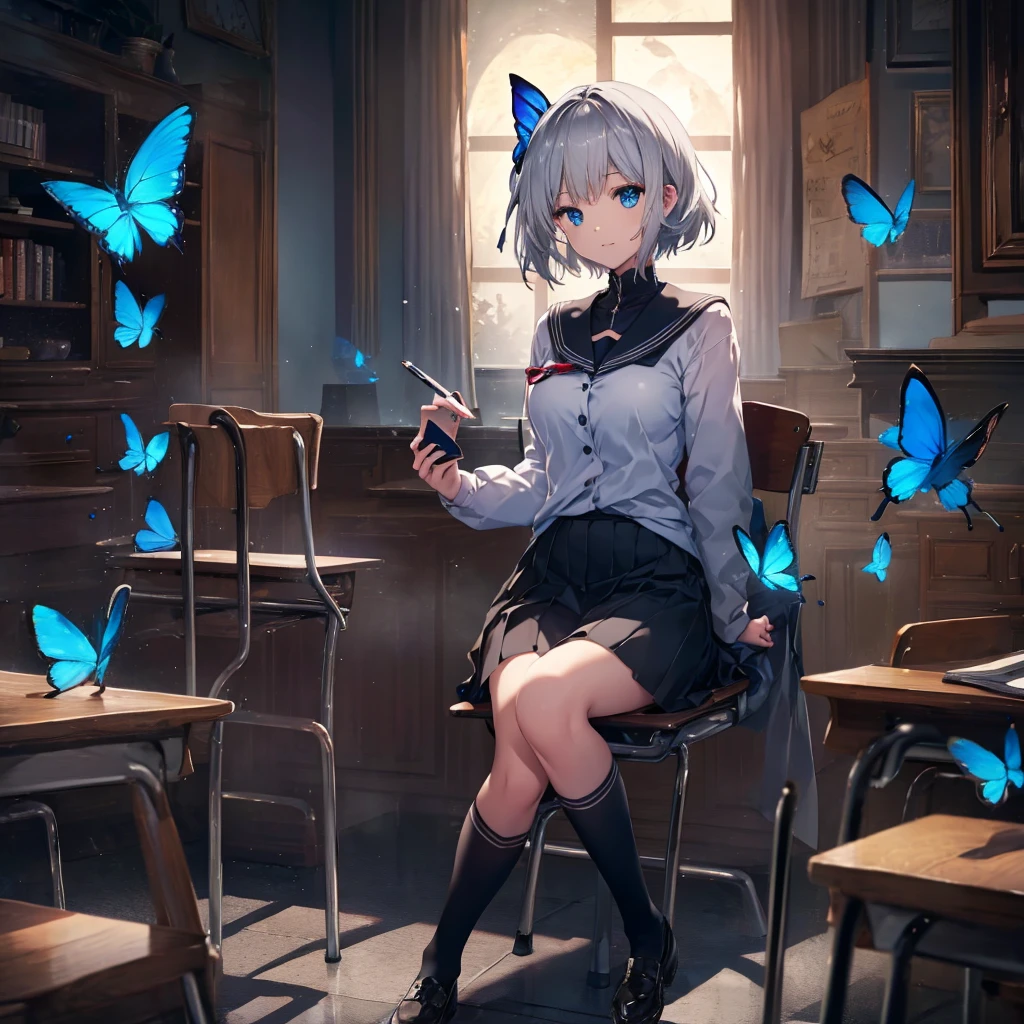 (((1 person　Gray Hair　Holding a pen　classroom　Chair　sit)))　((High resolution　short hair　tie　Black Skirt　Rin々Funny face　))　((student　blue eyes　Close-up))　((Blue Butterfly　night　学校のclassroom　Shining Aura　sit　Catch the wind　Looking at the moon outside))　(smile　Bathed in light)　月night　moonlight　star　Shuriken　Shining Background　Shining Edge
