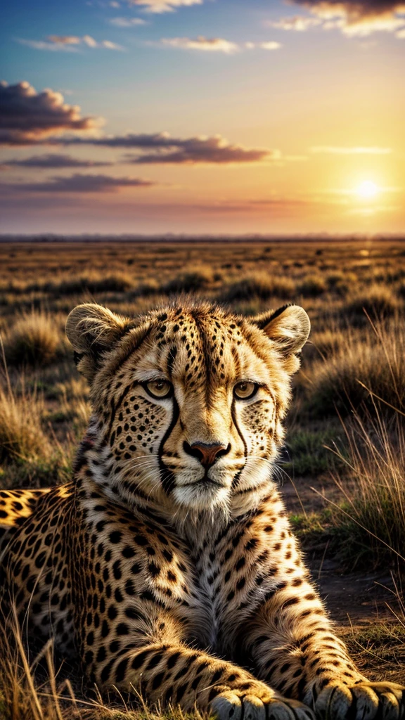 (masterpiece, best quality), 1 colorful cheetah,, savanna background