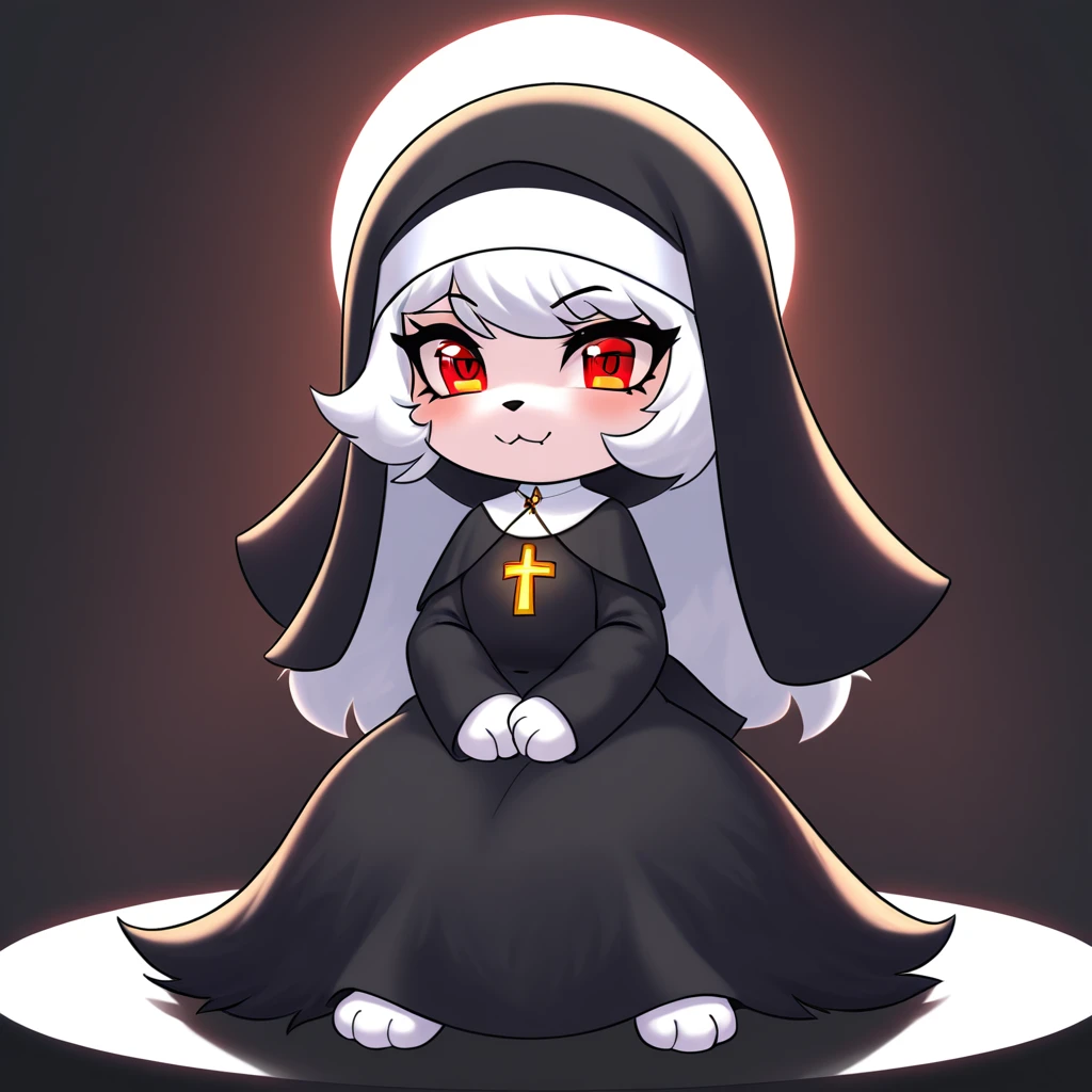 fluffy cute ball of a nun so very serious in a church of darkness