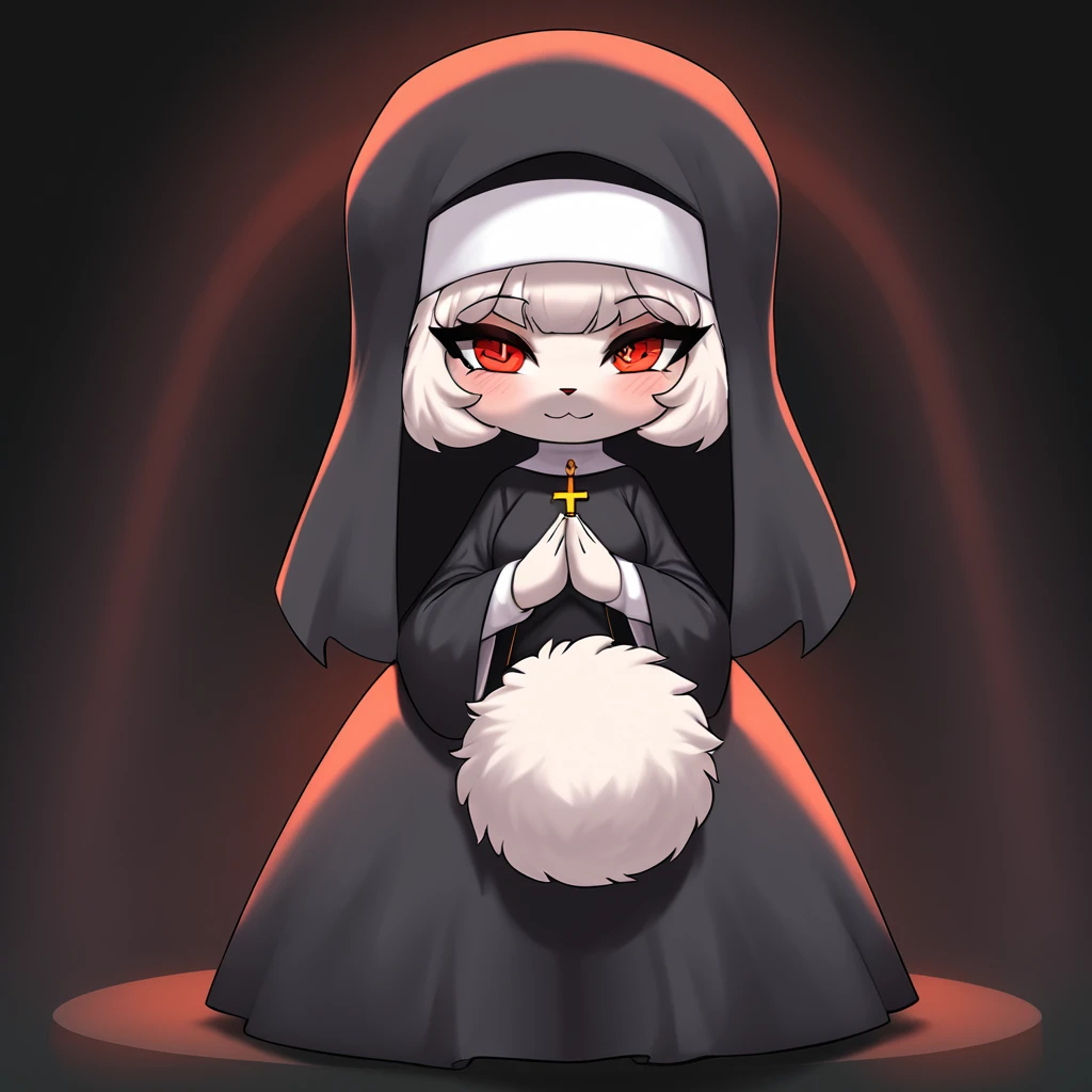 fluffy cute ball of a nun so very serious in a church of darkness