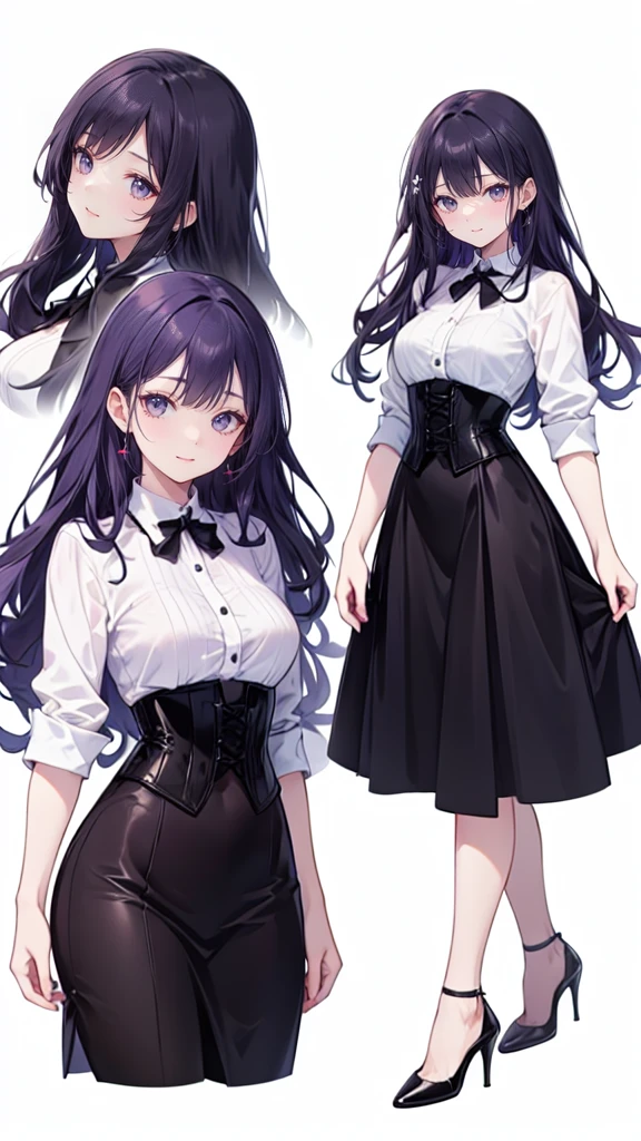 Purple Hair,Super long hair with volume,Adult female,(suit),White Y-shirt,((Rolling up his sleeves)),(corset),(Black skirt),(Slim silhouette skirt),(High heels),Heels are visible,((Simple white background)),smile,((whole body)),((full body)),Character Sheet,