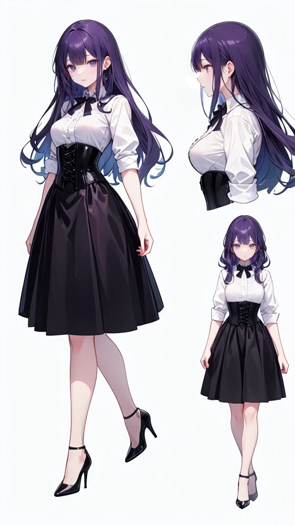Purple Hair,Super long hair with volume,Adult female,(suit),White Y-shirt,((Rolling up his sleeves)),(corset),(Black skirt),(Slim silhouette skirt),(High heels),Heels are visible,((Simple white background)),smile,((whole body)),((full body)),Character Sheet,
