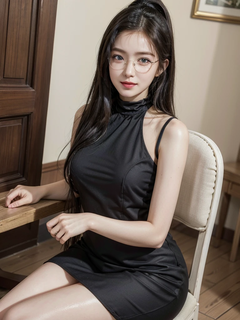 ((Best quality, masterpiece, detailed)), (RAW, 4k, hd images), shy, 1 girl, 20 years old, white skin, long hair, ponytail, layers hair, bangs, black hair, beautiful girl, cute girl, sweet girl, pretty girl, perfect girl, perfect eyes, pretty eyes, blue eyes, thin lips, thin, (eye line, lip stick soft) perfect , glasses(detailed frame), indoors, smile, thigh, black bodycon dress, sit on chair