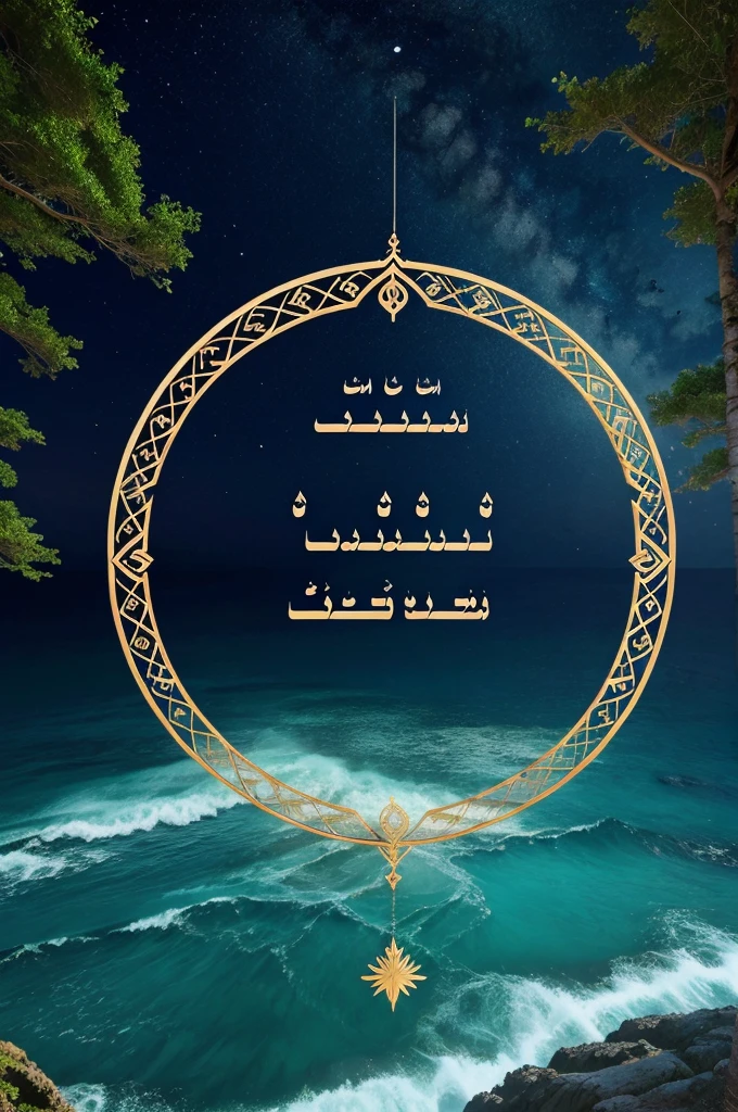 "Generate a beautiful image with a forest and sea and in sky birds background and 'العود ممكن' written in an Arabic style in the center."