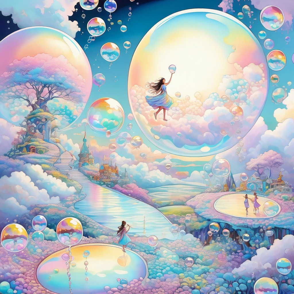 best qualityer, very well, 16K, incredibly absurdres, extremely detaild, 2.5D, gorgeous goddess, fairies and children walking on a carpet of iridescent soap bubbles, clouds in pastel colors, sunshine light, pop art, delicate and dynamic effects that combine the tastes of oil painting and watercolor, iridescent pattern