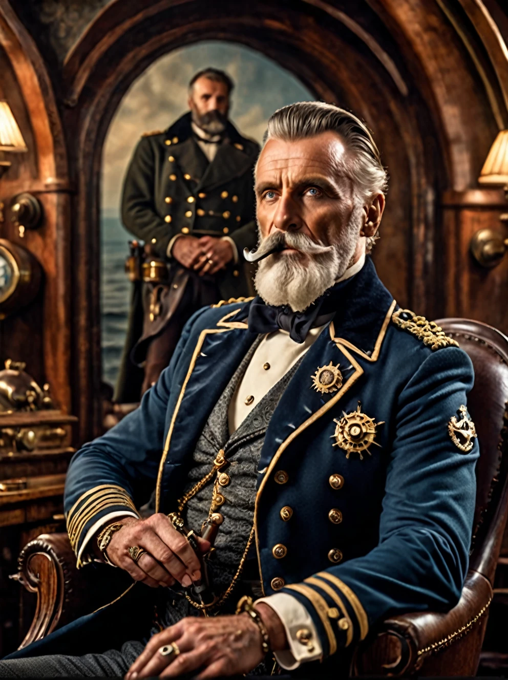 photo focus on male focus, indoors, realistic scenery, (captain nemo:1.1), looking at viewer , painting in the background, close-up, arch, chair, loaded military uniform, steampunk nautilus-style. very wide shot, character photo portrait, film, professional, 4k, highly detailed, smoking a pipe