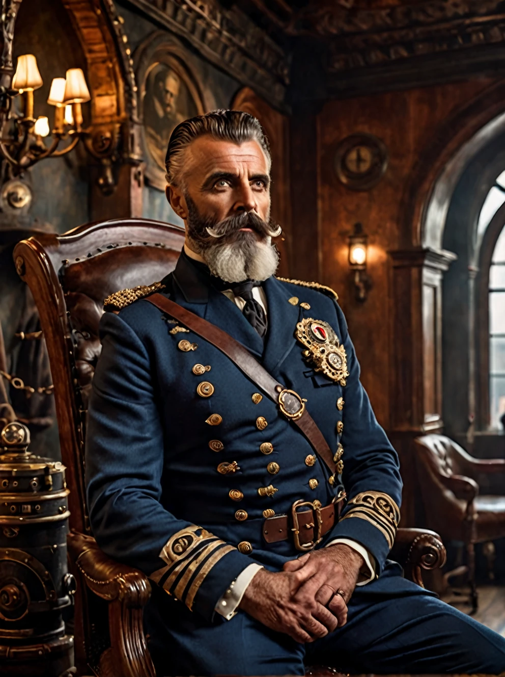 photo focus on male focus, indoors, realistic scenery, (captain nemo:1.1), looking at viewer , painting in the background, close-up, arch, chair, loaded military uniform, steampunk nautilus-style. very wide shot, character photo portrait, film, professional, 4k, highly detailed, smoking a pipe