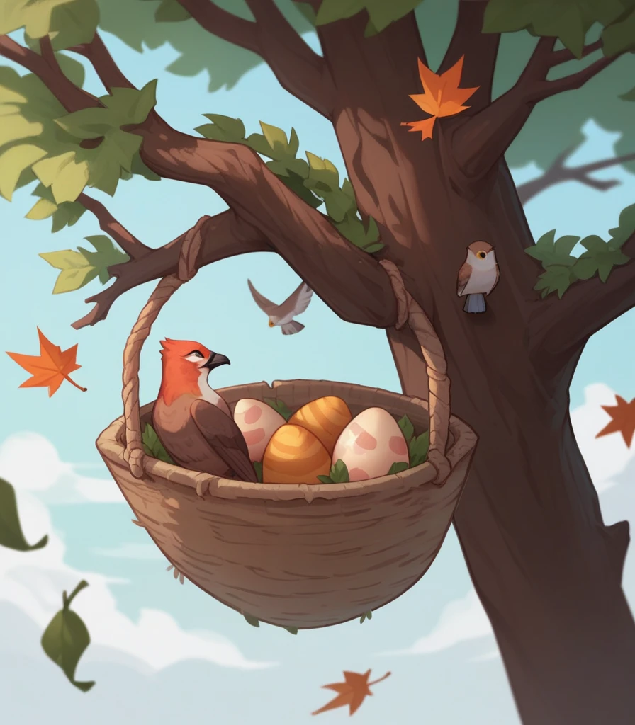 A beautiful bird, making our nest , one egg and 2 beby birds in her nest , a nest on a long and beautiful tree , a rear bird flying, sky , clouds, nest , leaf, spring, most beautiful scene, master peace, a wallpaper, HD quality, details,