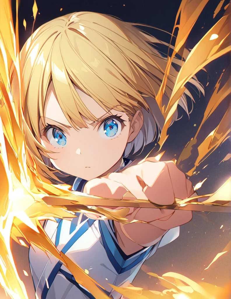 A girl fighting with golden flames (Open Close), (Small body), (Blonde:1.5) (Short Bob Hair:1.4), (Blue eyes)