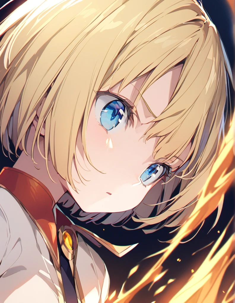 A girl fighting with golden flames (Open Close), (Small body), (Blonde:1.5) (Short Bob Hair:1.4), (Blue eyes)