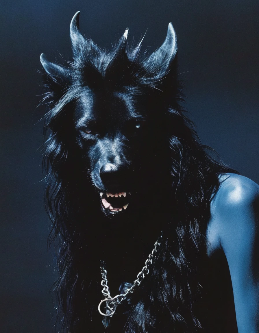 film photography, vintage, fashion shoot of female horror monster, blue dark background