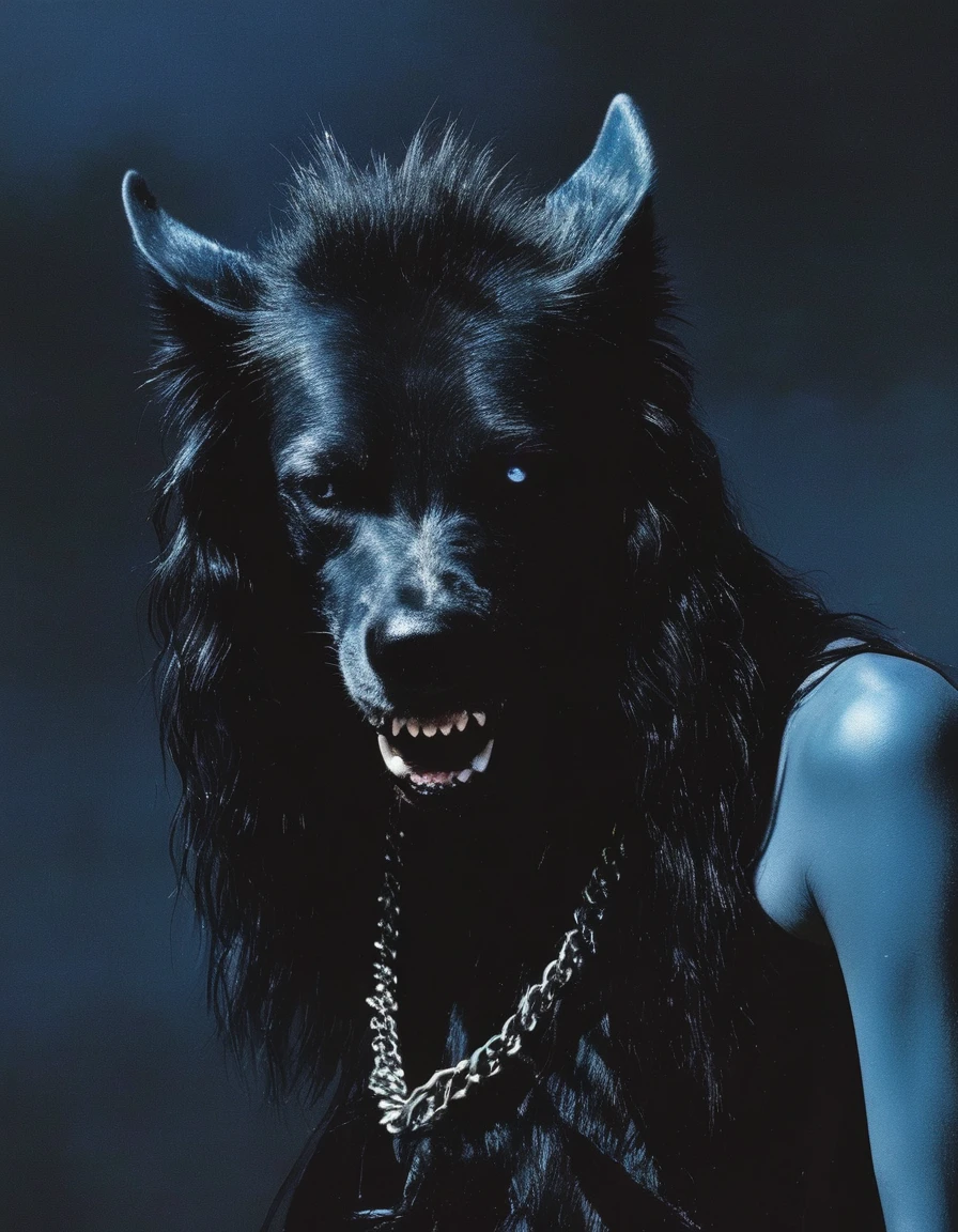 film photography, vintage, fashion shoot of female horror monster, blue dark background
