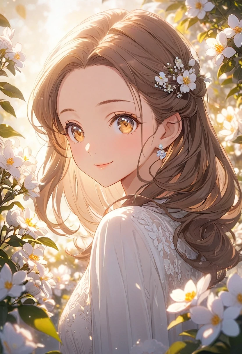 Very detailed,(((ultra detailed face))),best quality, 8k, (soft Light), Light, ((soft focus)),1 beautful woman, facing the camera,upper body,long brown hair, ((forehead)),almond eye, fluffy hair,((forehead)),elegant, Comfortable, Clean and detailed anime art, Trending on artstart,(((milky white)), illuminate warmly, big smile,flowers,((happiness)),thank you!