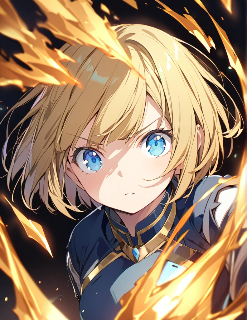 A girl fighting with golden flames (Open Close), (Small body), (Blonde:1.5） (Short Bob Hair:1.4), (Blue eyes)
