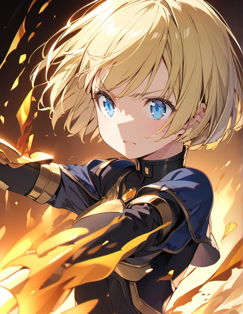 A girl fighting with golden flames (Open Close), (Small body), (Blonde:1.5) (Short Bob Hair:1.4), (Blue eyes)