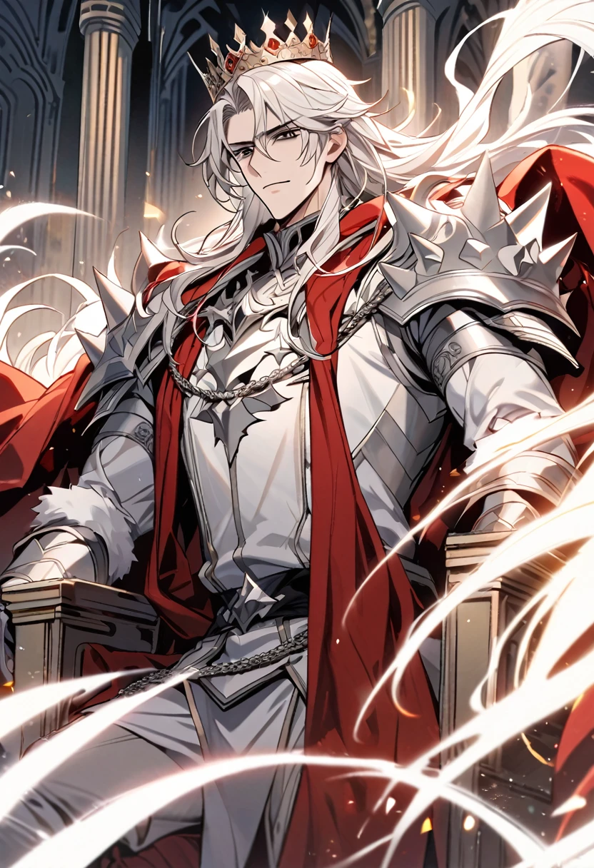 Handsome with a crown, single, 1 male, long hair, white hair, black eyes, white fur warrior king outfit. Shining silver armor A red robe with white fur sat on the throne. An enormous power swirled like ice mixed with wind. There was a king's crown and a gleaming sword by his side.