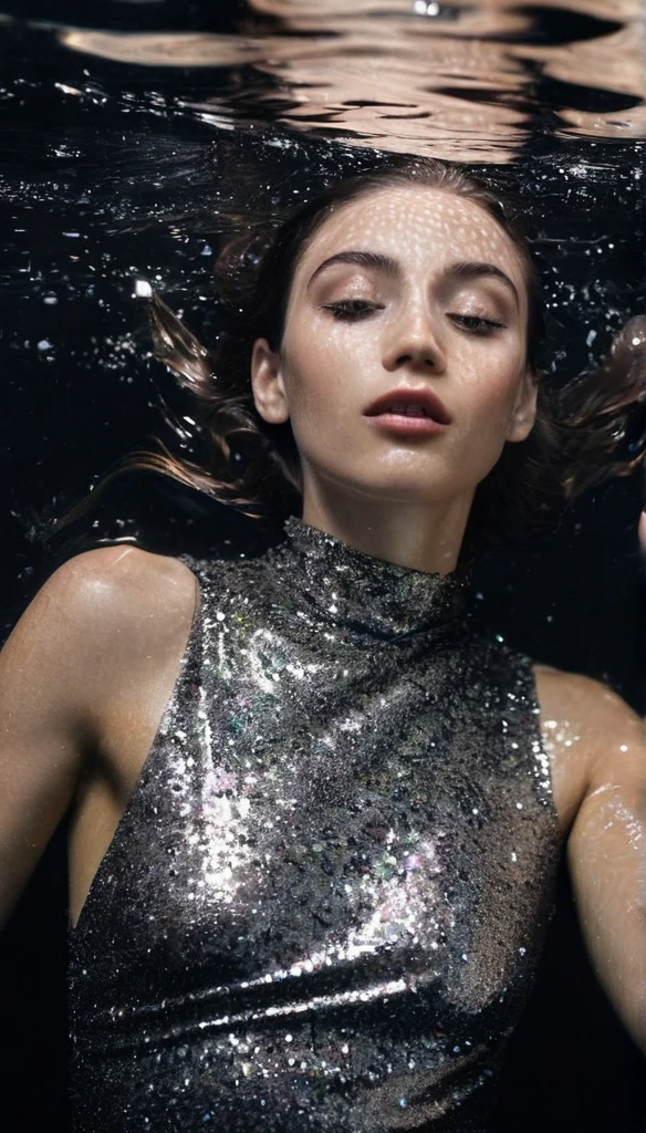 A beautiful woman in silver glitter dress and matching shorts diving under black water, so dark you can only see her upper body parts, misty, thick fog, camera flash lighting, dynamic angle, elegant pose, looking at the camera