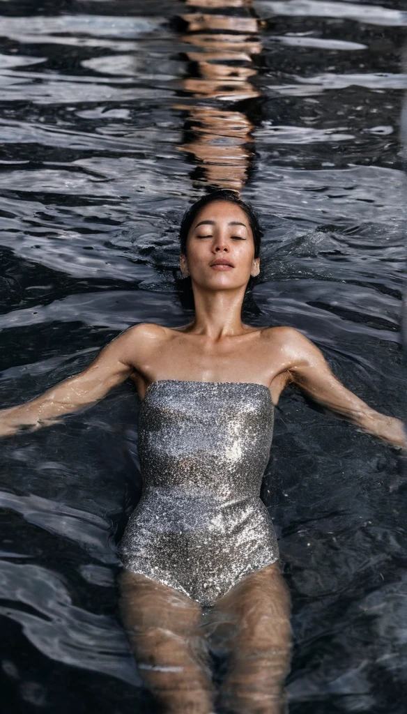 A beautiful woman in silver glitter dress swimming in black water, so dark you can only see her upper body parts