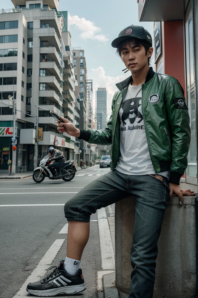 The 3D Pris Driver Gojek character wears a green jacket with realistic 3D white Gojek writing on it, uses a black Honda Beat motorbike, is waiting for the Order, sitting on a motorbike wearing a red hat, Realistic 3D Marlboro smoking, next to the 3D Tall Building, with a two-way street, Beside realistic 3D Tall Buildings,there is the Wagimin Coffee Shop, Selling Realistic 3D Marlboro Cigarettes, 3D HD, Super realistic characters