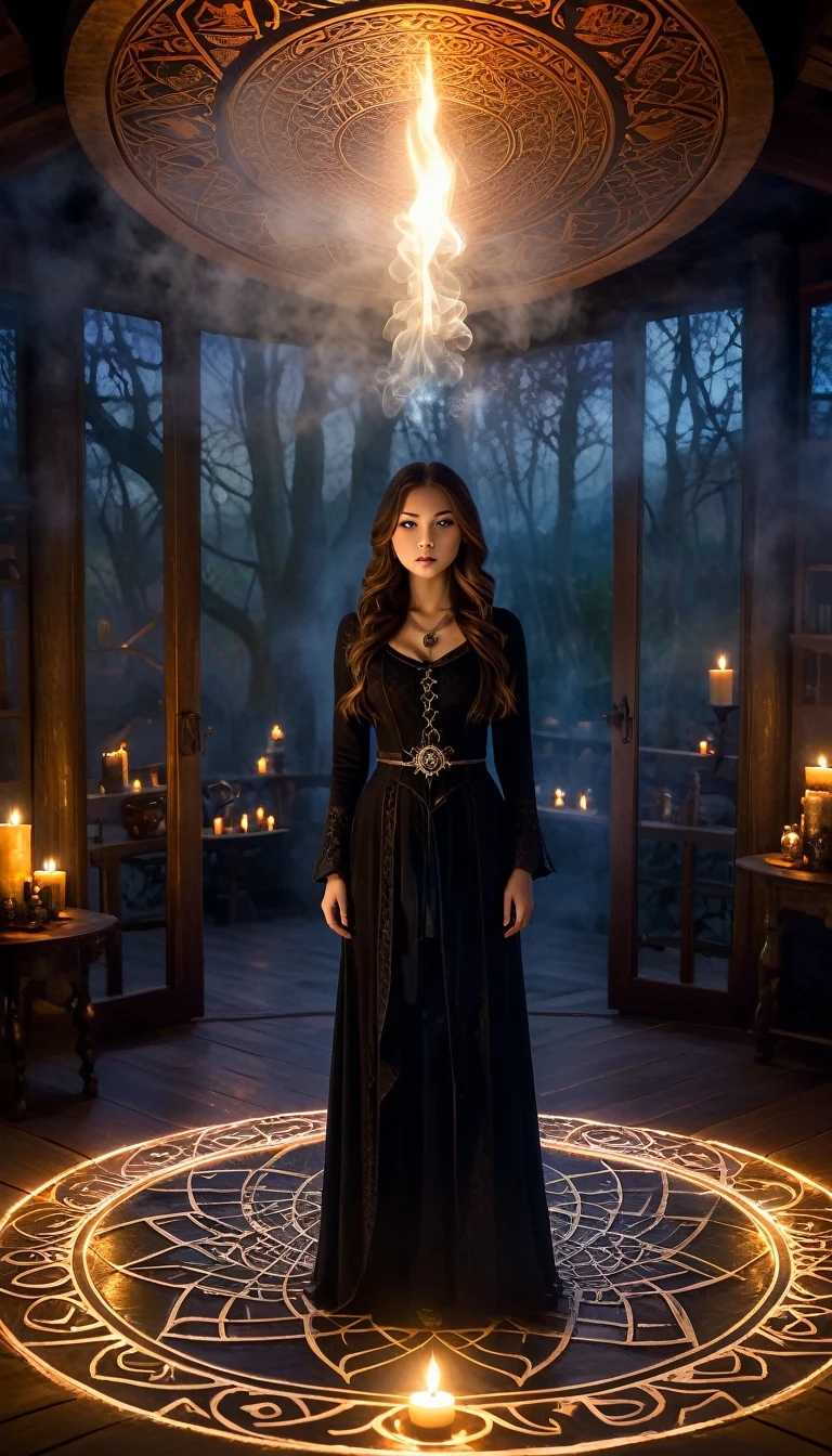 Front facing,(The girl standing at the center of the magic circle),闇のmagic,Detailed engraving,Glowing Seal,Ancient symbols,Enchanting atmosphere,Mysterious Aura,Exquisite patterns,Magic Flame,Flickering Candle,Smoke billows,Ethereal Mist,Mysterious glow,Dramatic lighting,magic,Magical Elements,Powerful Energy,Enchanting atmosphere,Otherworldly beauty,Enchanting Magic,A fascinating scene,Spooky Powers,Transcendental charm,Beautiful and memorable,A commanding presence,Mysterious Essence,Intricate Design,Casting a Spell,Dark and mysterious,Magic spells,Whispers of Enchantment,fascinated by her presence,Dimly lit room,supernatural energy,Featured Witch,Enchanting Spell,闇のmagic,Fascinating Movement
